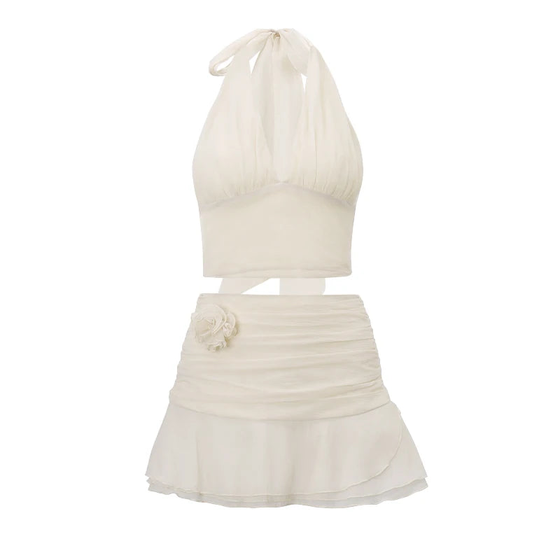 Wheremery Elegant Two-piece Y2K Summer New White Sexy V-neck Backless Women's Top and Pleated Lace Mini Skirt Women's Set