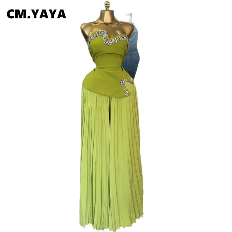Maxy CM. YAYA Women's Set Diamonds Hot Rhinestones Crop Top and Pleated Wide Leg Pants Suit 2025 Two 2 Piece Sets Outfits Tracksuit