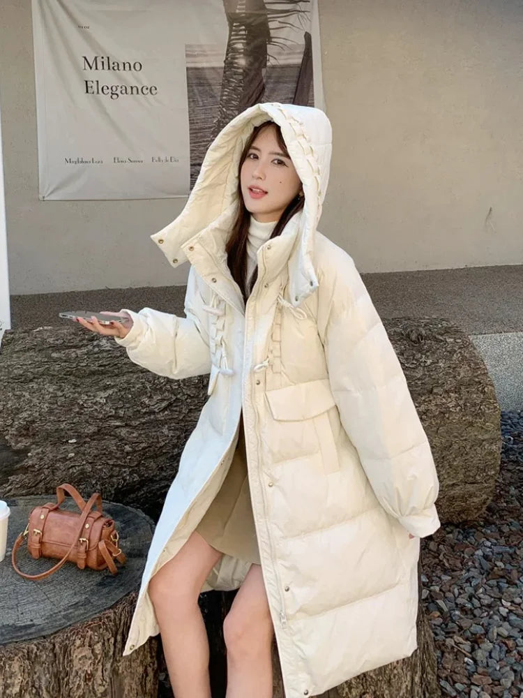 Maxy Thick Windproof Down Jacket for Women, Warm Parka with Button Pocket, Mid-length Outerwear, High Street, Winter, New,