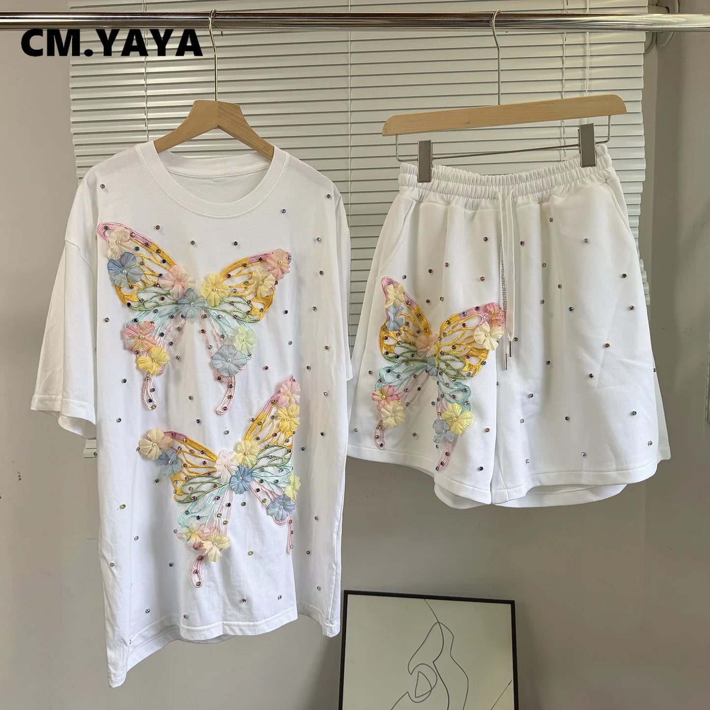 Maxy Fashion Butterfly Floral Beading Women's Set T-shirt and Shorts 2025 Summer Active Two 2 Piece Sets Outfit Tracksuit