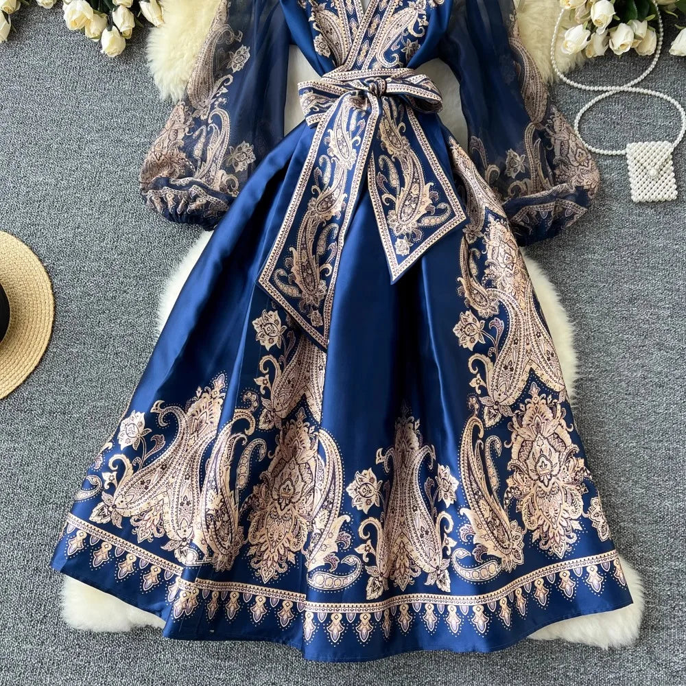 Maxy Temperament V Neck Lantern Sleeve One-piece Type Robe Mesh Lace Up Panelled Big Swing Vestidos Court New Print Moda Dress