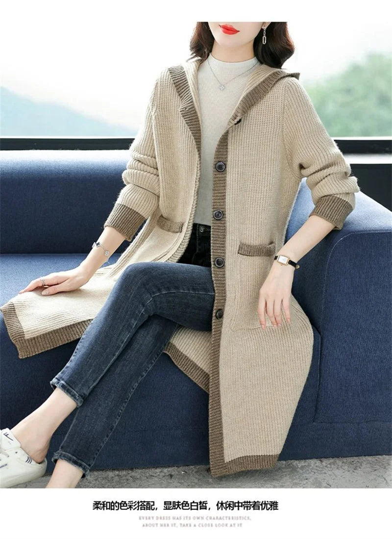 Maxy new Hooded Knitted Momsey Sweater Coat Women Autumn Winter Long Wool  AmericanFemale Casual Loose Knitting Jacket Large Size 5XL