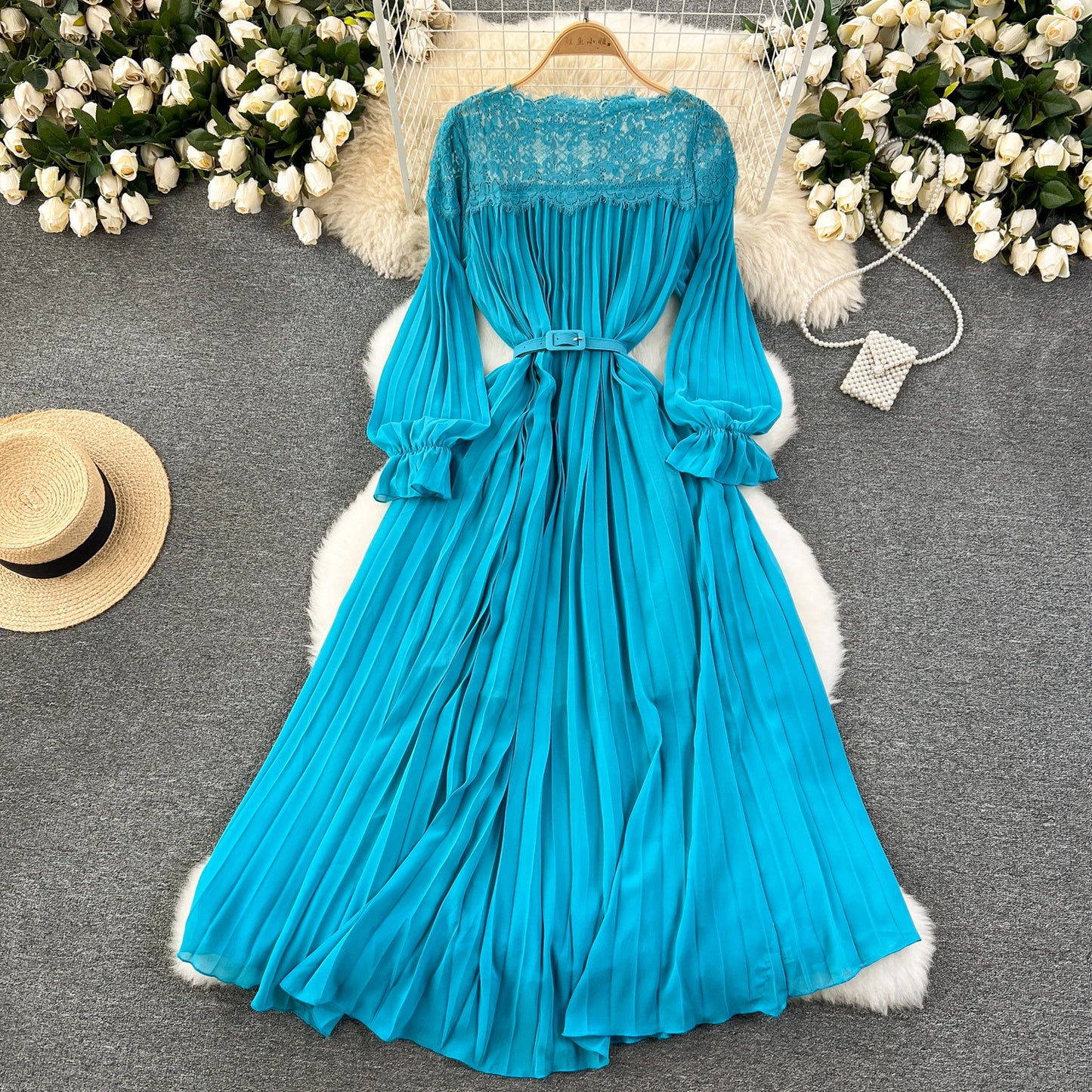 Spring Summer Women Hollow Out Lace Patchwork Pleated Long Dress Vintage Red/Blue/Purple Draped Maxi Vestidos Female Robe New