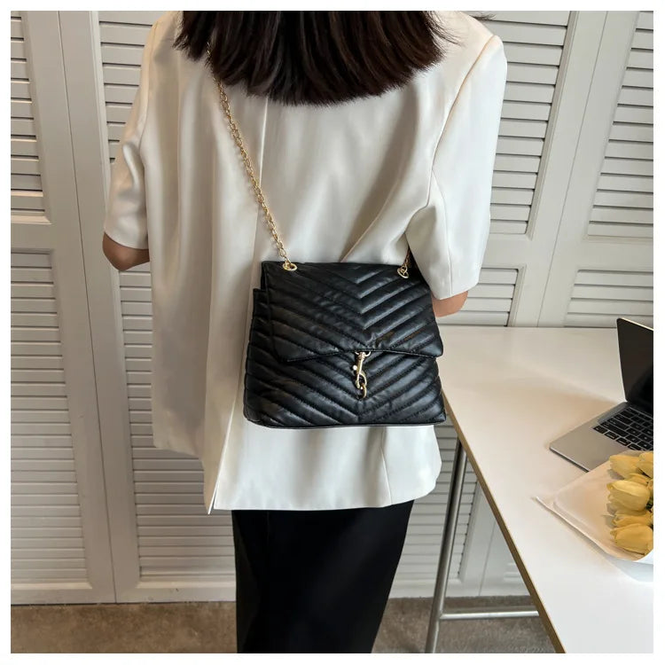 Maxy Casual Chain Crossbody Bags For Women Fashion Striped Shoulder Bag Large Capacity Flap Ladies Handbags