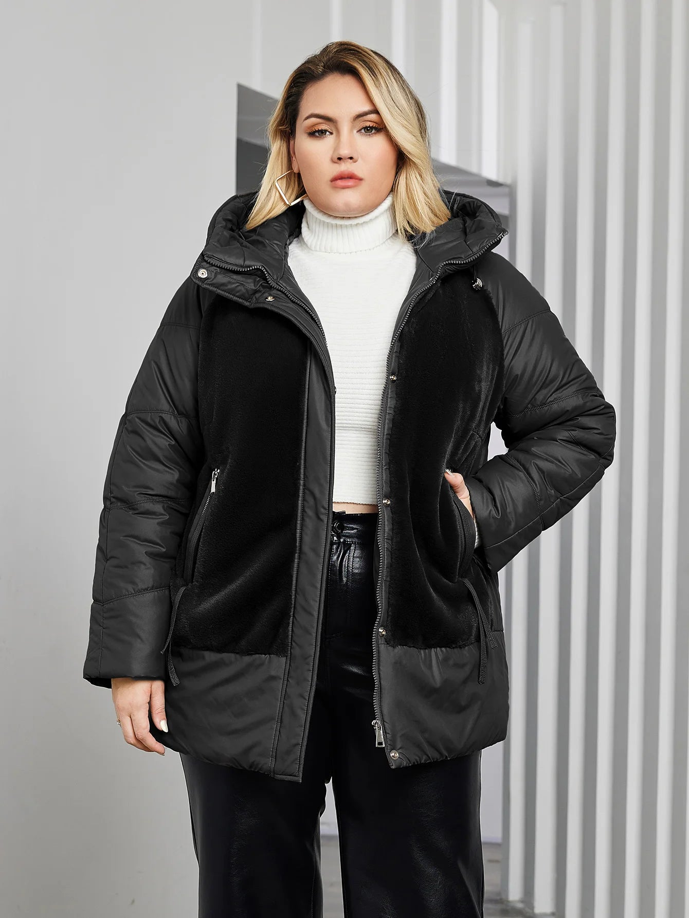 GACY Plus Size Winter Jacket Women Faux Fur Stitching High Quality Wool Warm Fashion Women's Parka Female Plush Coat Hooded