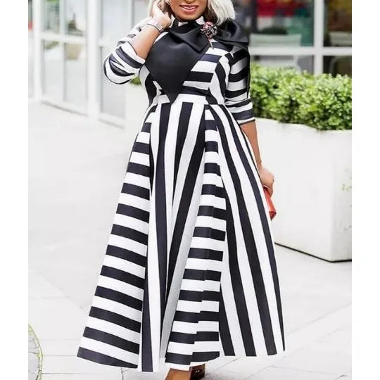 Macy Dress Women High Waist Big Swing Robes Gown With Bow Fashion New Stripe Print Elegant Streetwear African Long Dress