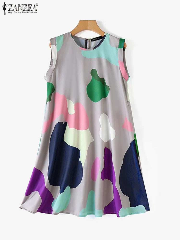 Maxy Summer Holiday Printing Dress Women O-neck Sleeveless Knee Robes 2024 Vintage Loose Tank Sundress Beach Oversize dress