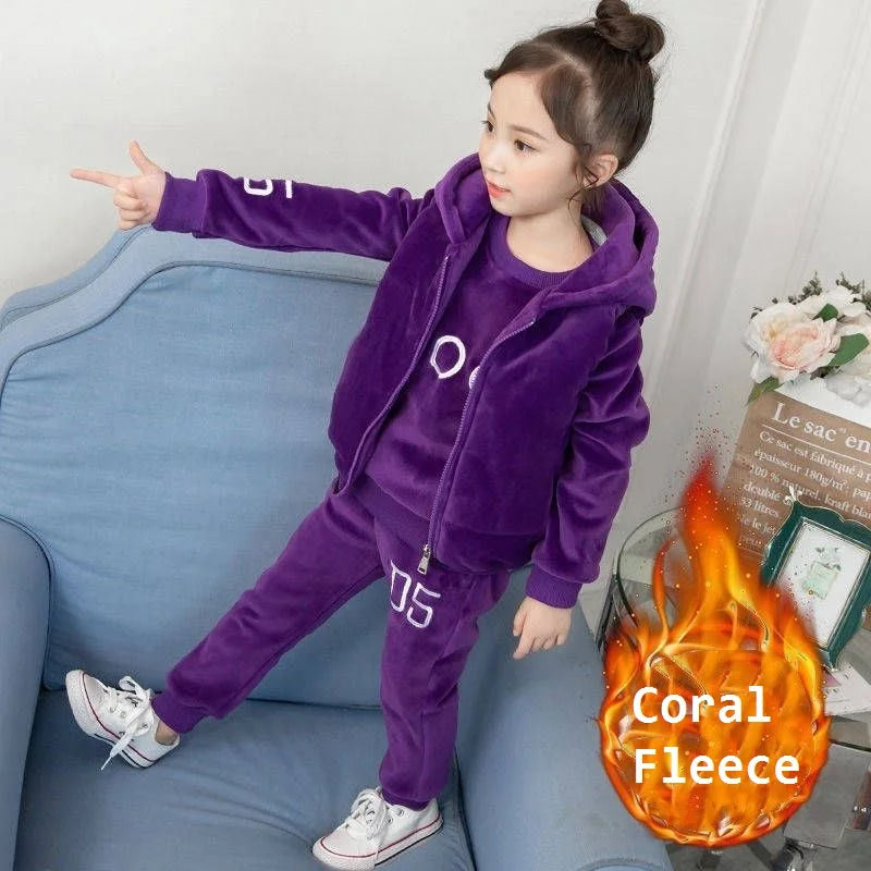 Winter Girls Warm Coral Fleece Alphabet Zip Waistcoat+Sweatshirt+Pant Sets School Kids 3PCS Tracksuit Child Work Outfit 5-14 Yrs