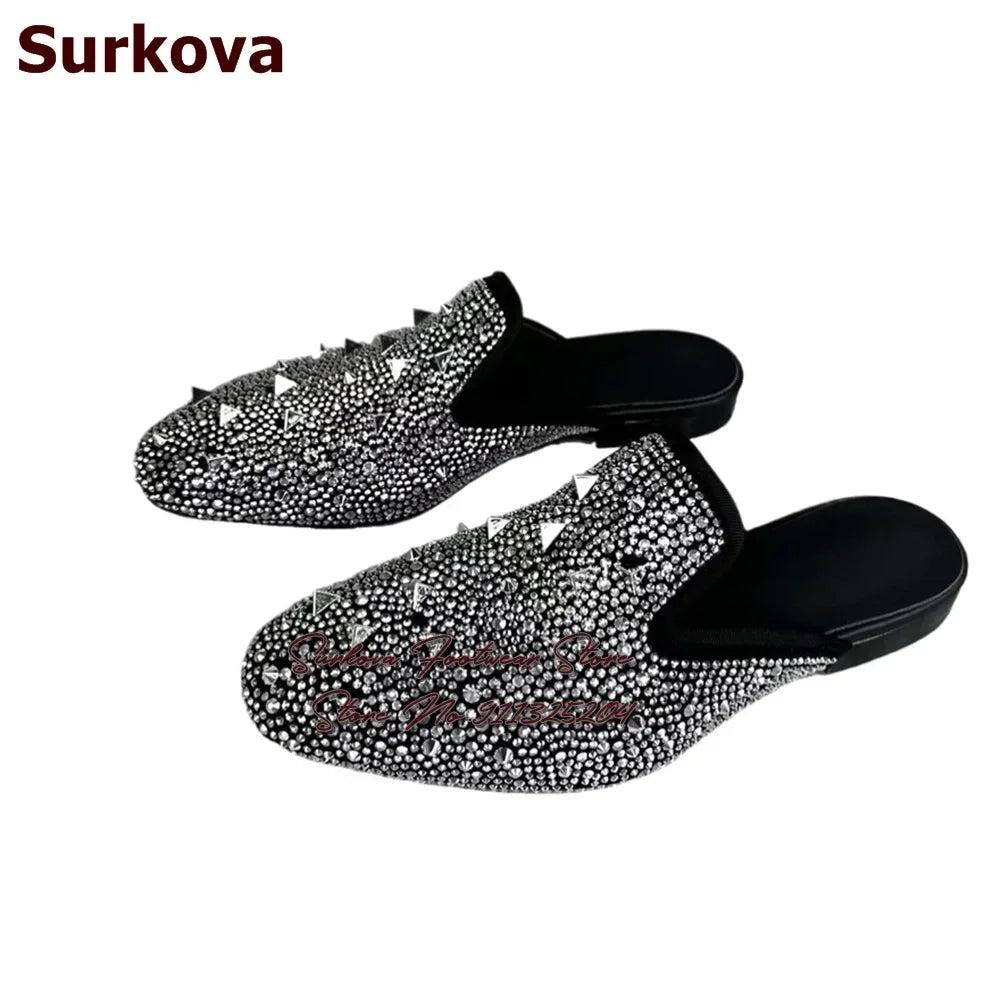 Maxy Surikova Men's Bling Silver Crystal Flat Slippers Metallic Rivets Loafers Slip-on Glittering Rhinestone Dress Shoes Mules