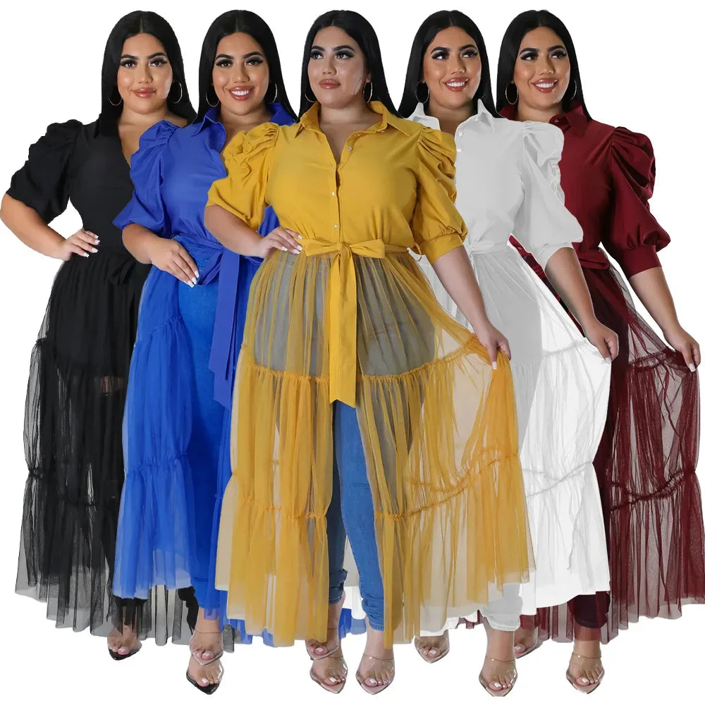 Babs Elegant Plus Size Women Big Swing Shirt Dress Sexy Mesh Patchwork Long Sleeve Single Breasted with Sashes Casual Dresses