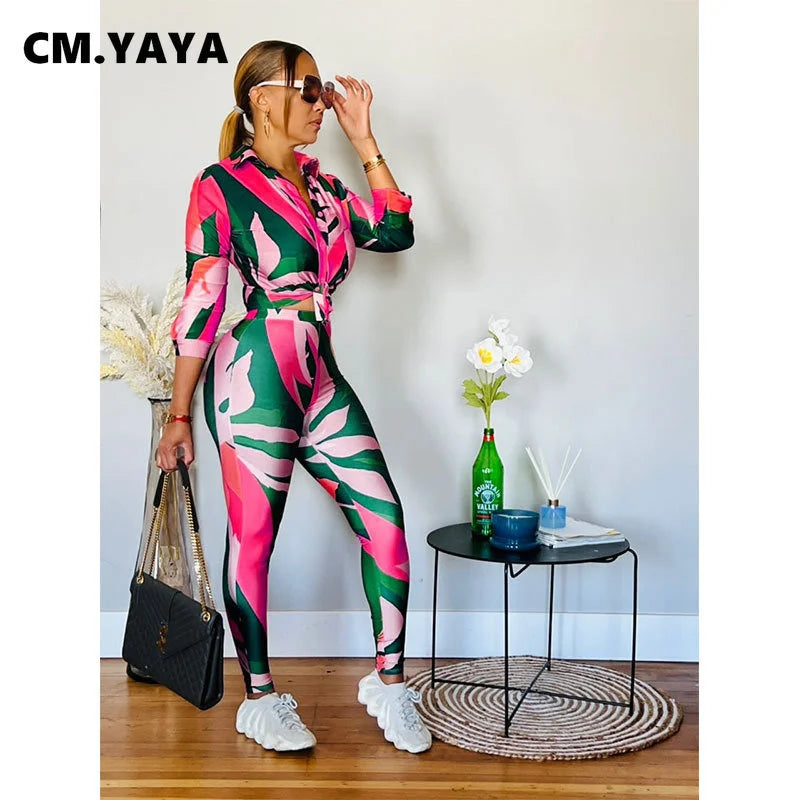 Maxy Streetwear Leaf Printed Women Legging Pants Suit and Long Sleeve Shirt Fashion Casual Two 2 Piece Set Outfits Tracksuit