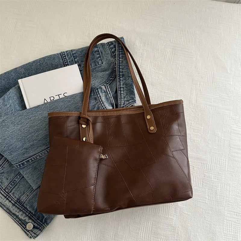 Maxy Vintage Patchwork PU Leather Casual Tote Bags For Women, Large Capacity Shoulder Bag Ladies Handbags And Purses