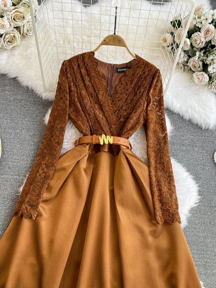 Macy Autumn Winter Elegant Women V-neck Lace Mesh Patchwork Midi Dress Vintage Lady Empire Slim A-line Dress with Belt