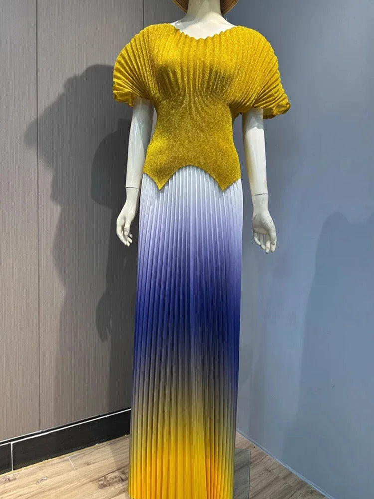 Maxy Pleated 2 Pieces Set Women Fashion V Neck Short Batwing Sleeves Irregular Hem T-shirt&New Gradient A-line Folds Long Skirt