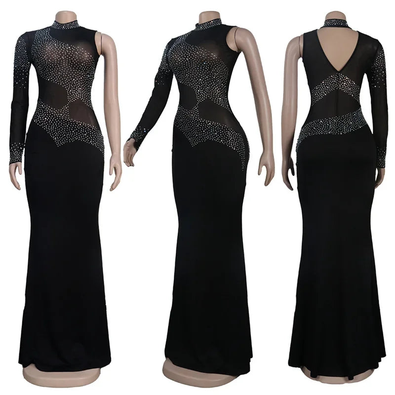 Sexy Babs Crystal Rhinestone Bodycon Dress Women Wedding Evening One Sleeve Mesh See Through Patchwork Night Party Club Dresses