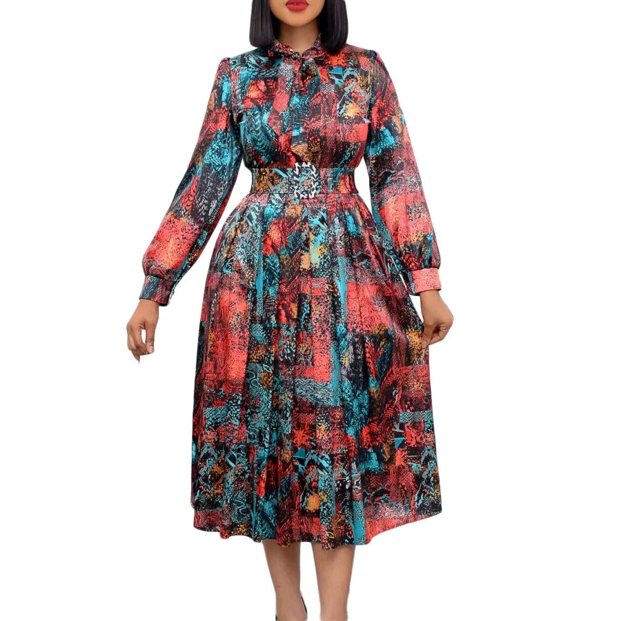 Maxy Clothing for Women High Waist Elegant Dress Office Work Wear Long Sleeve Printed Party Dress