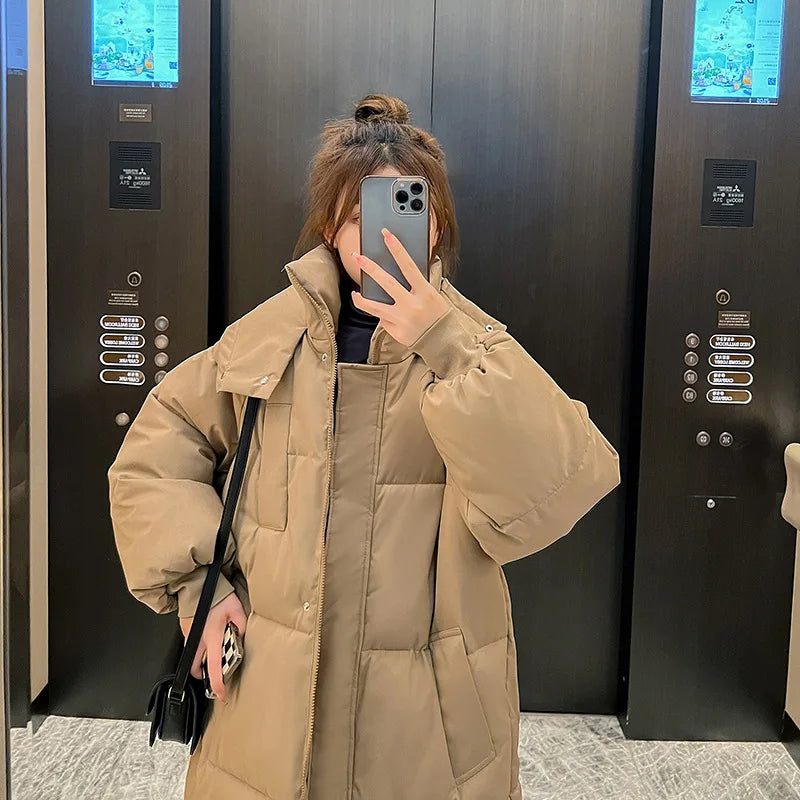 Maxy Thicken Long Coat Women Winter Turtleneck Long Sleeve Loose Midi Female Jacket Fashion Street Zipper Solid Lady Parka Coats