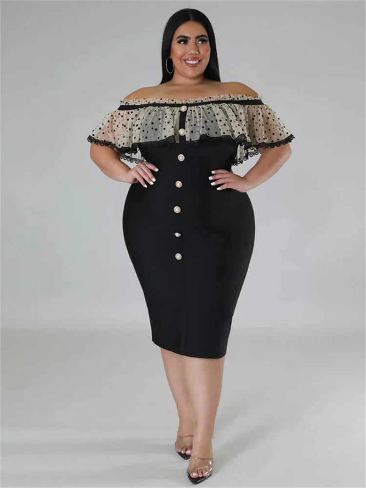 Maxy Plus Size Party Dress Women Clothing Solid Mesh Patchwork Off Shoulder Dress Fashion Outfits