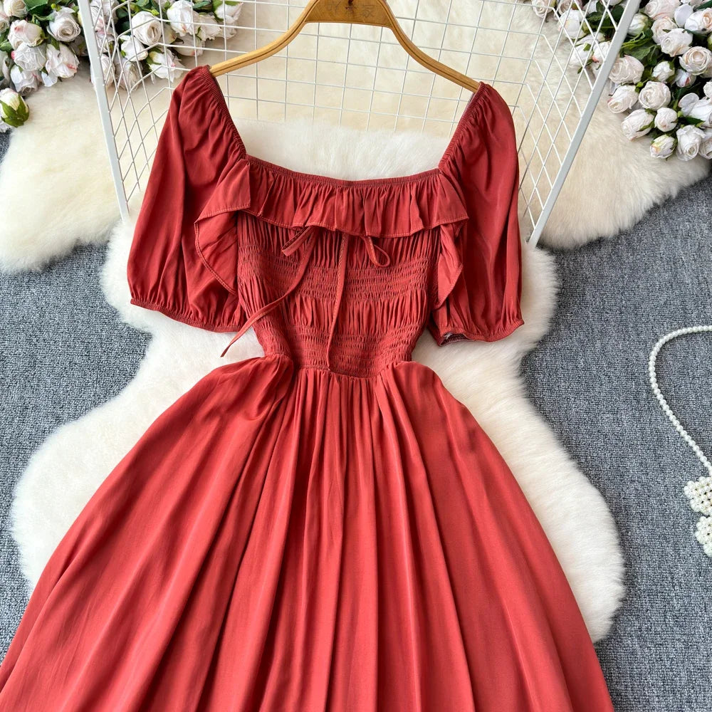 Babs Chic Elegant Square Collar Macy Dress Women Solid Short Puff Sleeve Dresses 2024 Korean Fashion Vintage Ruffle Vestidos
