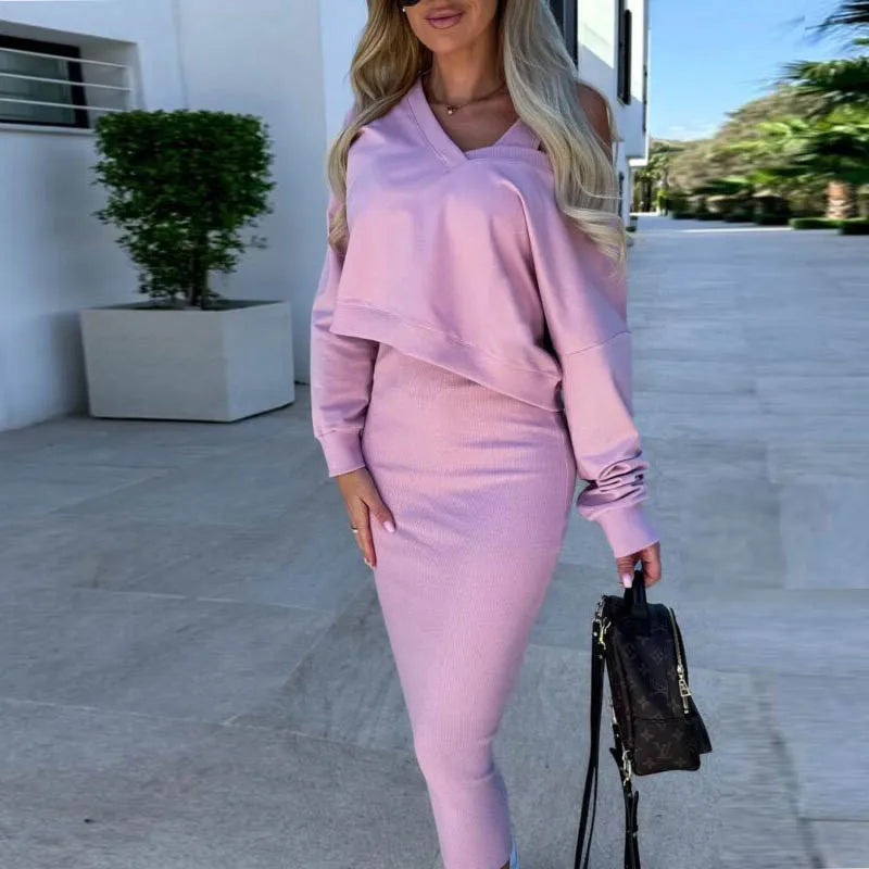 Women Autumn Two Piece Sets Dress Elegant Sexy V Neck Long Sleeve Sweatshirts And Long Dress Female solid color outfit set