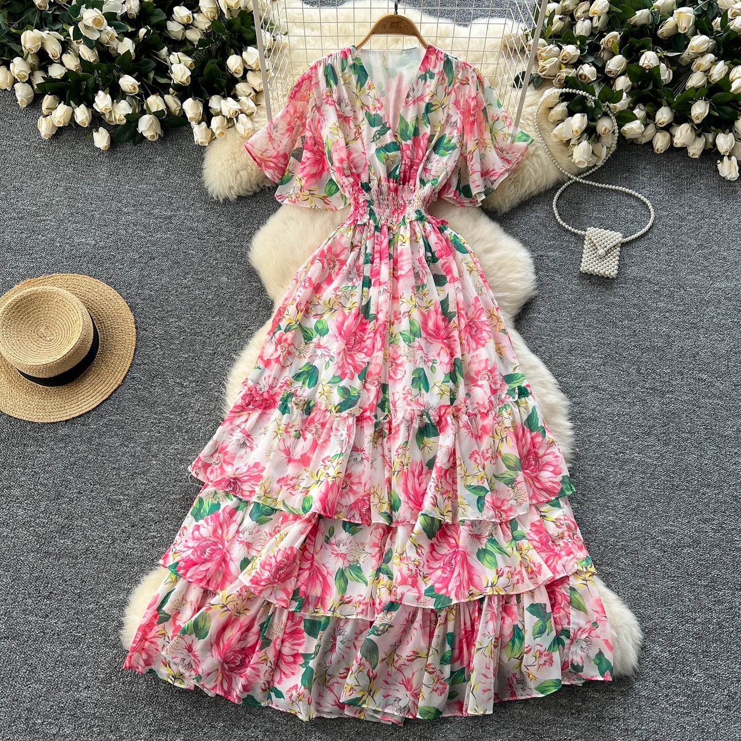 Maxy v neck Butterfly sleeve print elegant summer Dress A-line Flare Sleeve Vacation print Women dresses