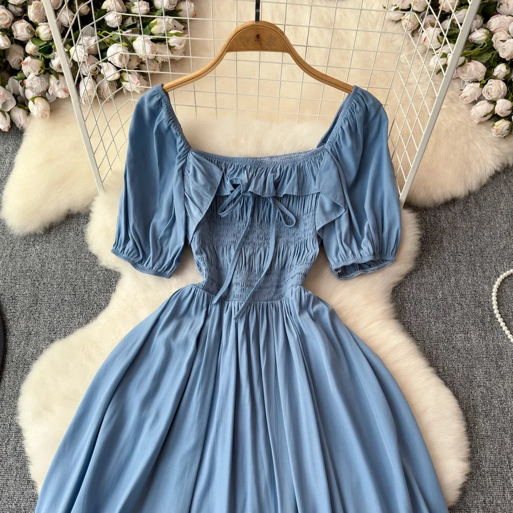Babs Chic Elegant Square Collar Macy Dress Women Solid Short Puff Sleeve Dresses 2024 Korean Fashion Vintage Ruffle Vestidos