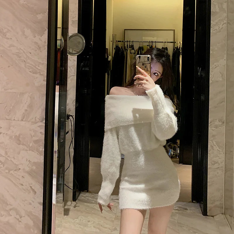 Babs New Sweater Dress Women Pullover Solid Color Korean Fashion Sexy Off Shoulder Bodycon Mini Robe Femme