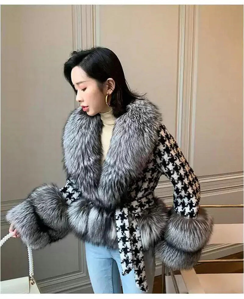 Babs Fox Fur Grass Coat Women Short Thousand Bird Grid Double Faced Fleece Collar 2024 Small Fragrant Style Imitation Fur Coat Female