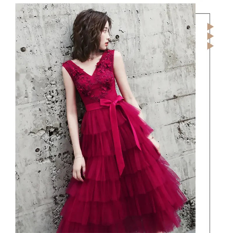 Babs Dresses Burgundy Tulle Beads Floral V-Neck Plus Size A-line Tiered Tea-Length Plus size Woman Party Gowns Robe E832