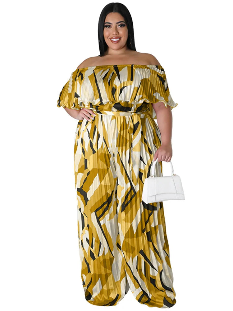 Maxy Plus Size Jumpsuit Women Clothing Pleated Wide Leg Off Shoulder Romper Printed One Piece Outfits
