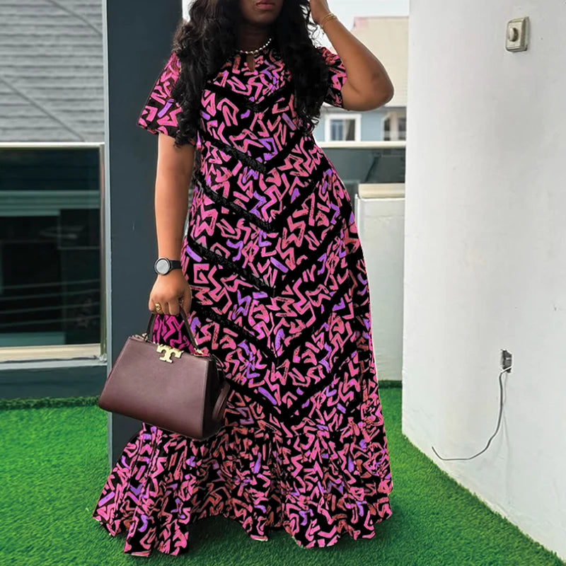Maxy Summer Vintage Bohemian Dress Women Short Sleeve Printed Party Vestidos Casual Ruffled Long Robe V-Neck Vestidos