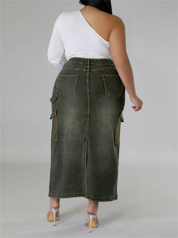 Maxy Plus Size Only Skirts Women's Clothing Denim Maxi Pockets Sexy Medium Stretch Long New