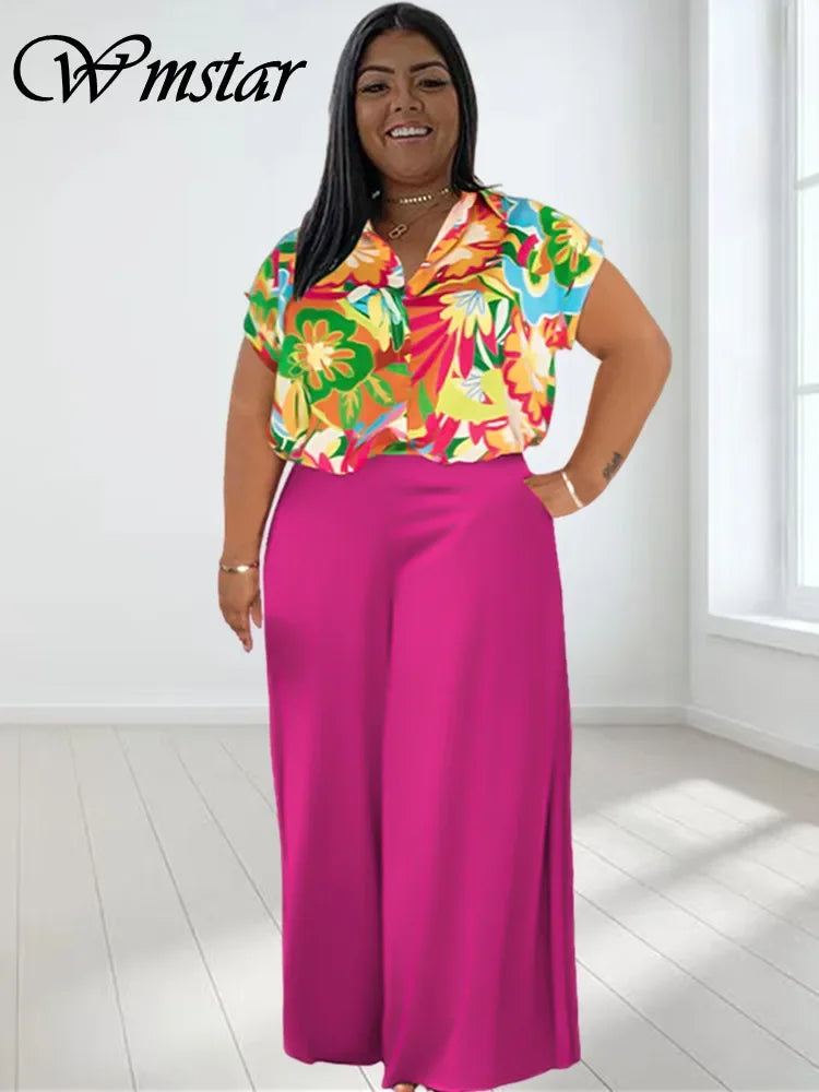 Maxy Plus Size Two Piece Sets Women Clothing Printed T-shirts Tops and Solid Pants Wide Leg Pockets