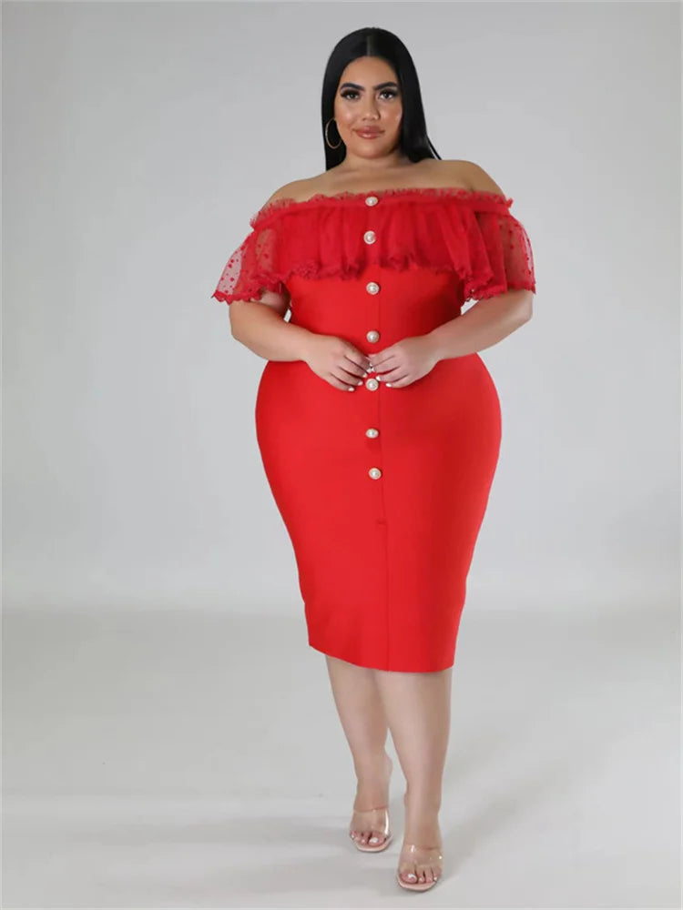 Maxy Plus Size Party Dress Women Clothing Solid Mesh Patchwork Off Shoulder Dress Fashion Outfits