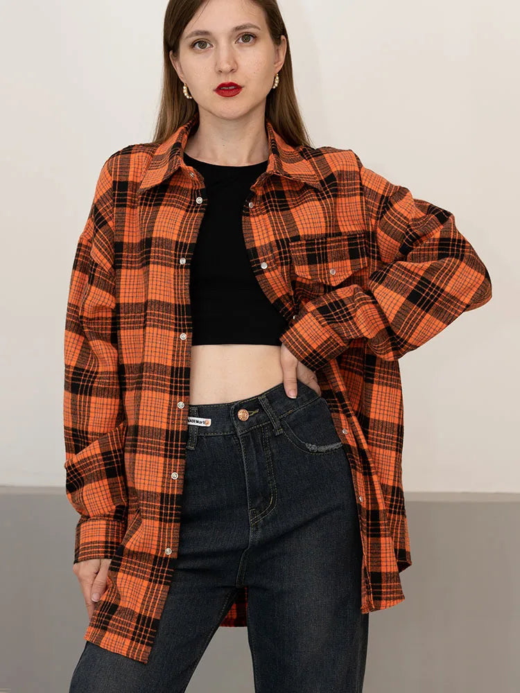 Maxy Green Vintage Plaid Shirt Women Oversize Top Long Sleeves Autumn Winter Loose Women's Shirt And Blouses Oversized