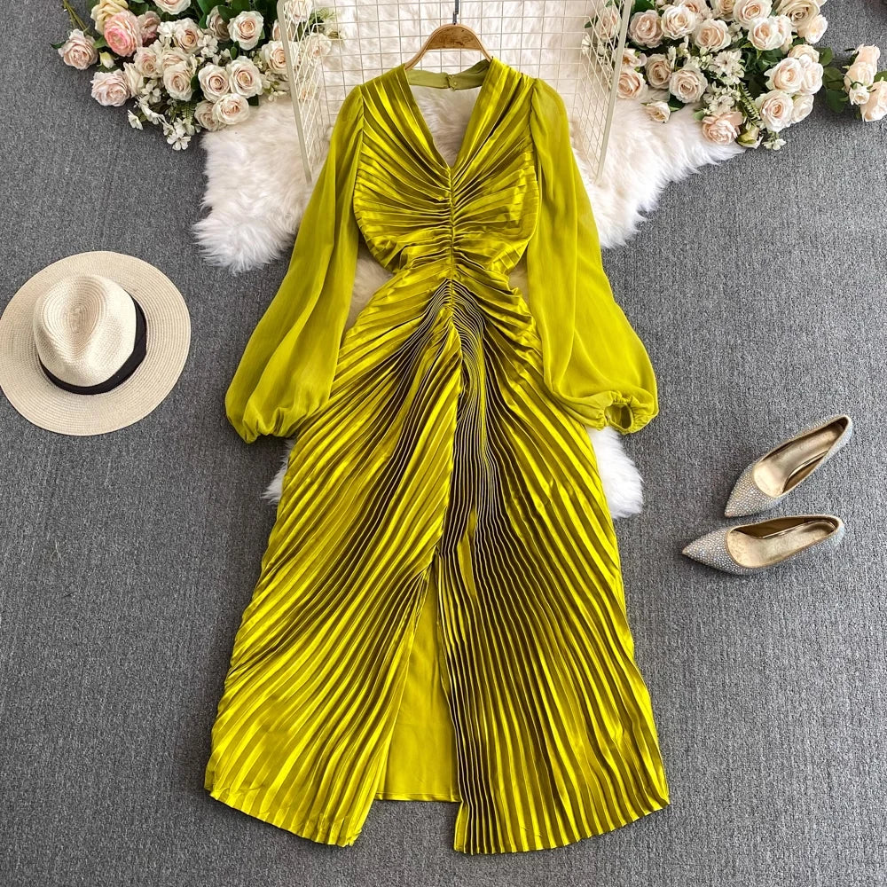 Amay Women's Temperament Puff Long Sleeve Hanging Neck Split Metal Pleated Dress Y2k Fashion Tide Spring Summer