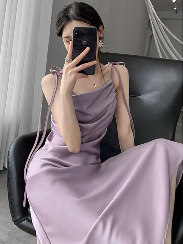 Babs Elegant Sling Satin Dresses for Women Summer Sleeveless Folds Purple Long Dress