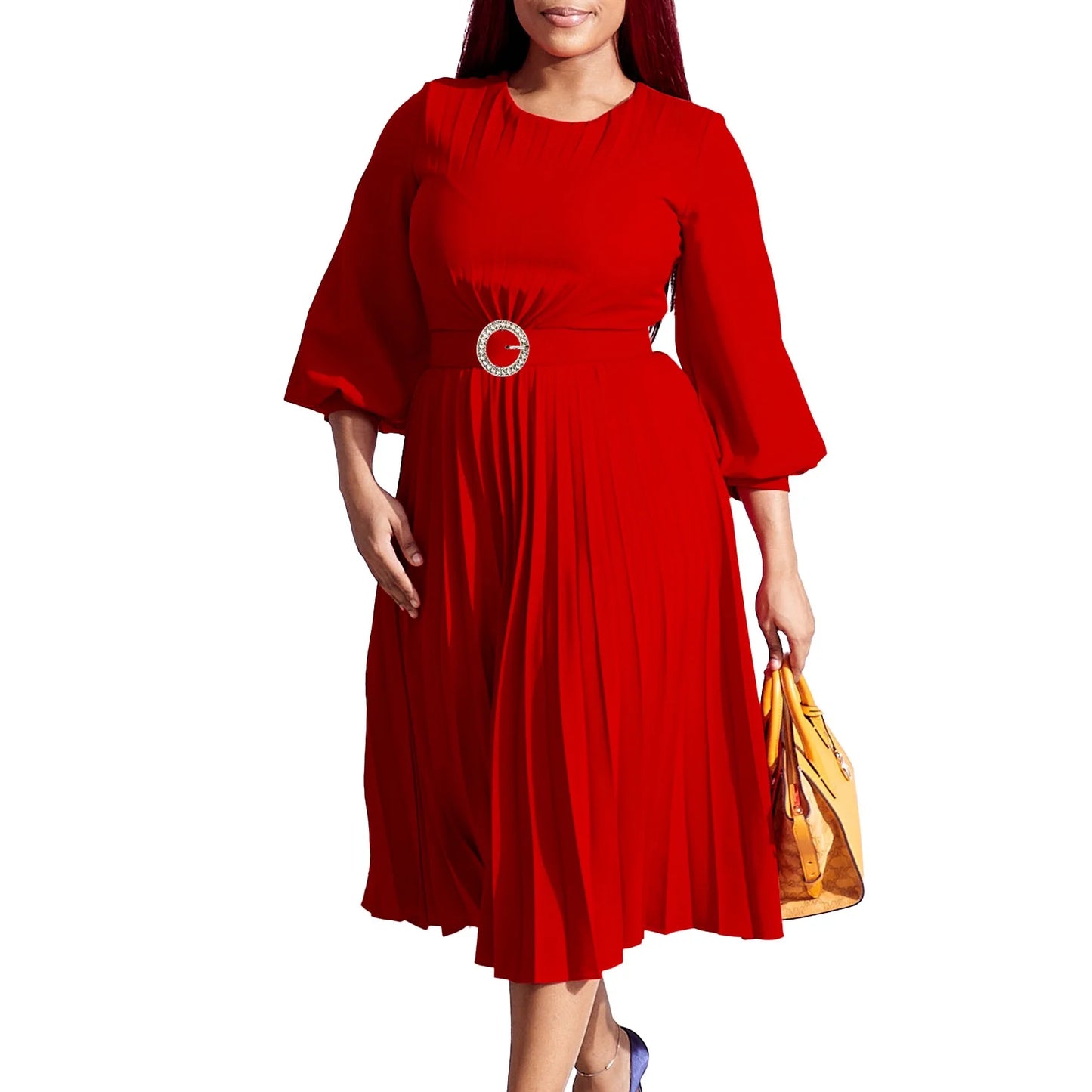 Maxy Elegant Dresses Woman Pleated O Neck Full Sleeve Belt Waisted Mid Calf Luxury Female Birthday Party Dinner Vestidos Mujer