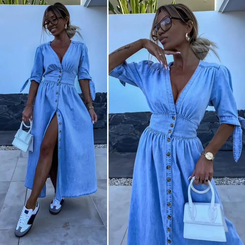 Babs Summer Dress Slim Waist Pleated A-line Big Hem High Split Lace-up Denim Long Dress Commute Dating Macy Dress