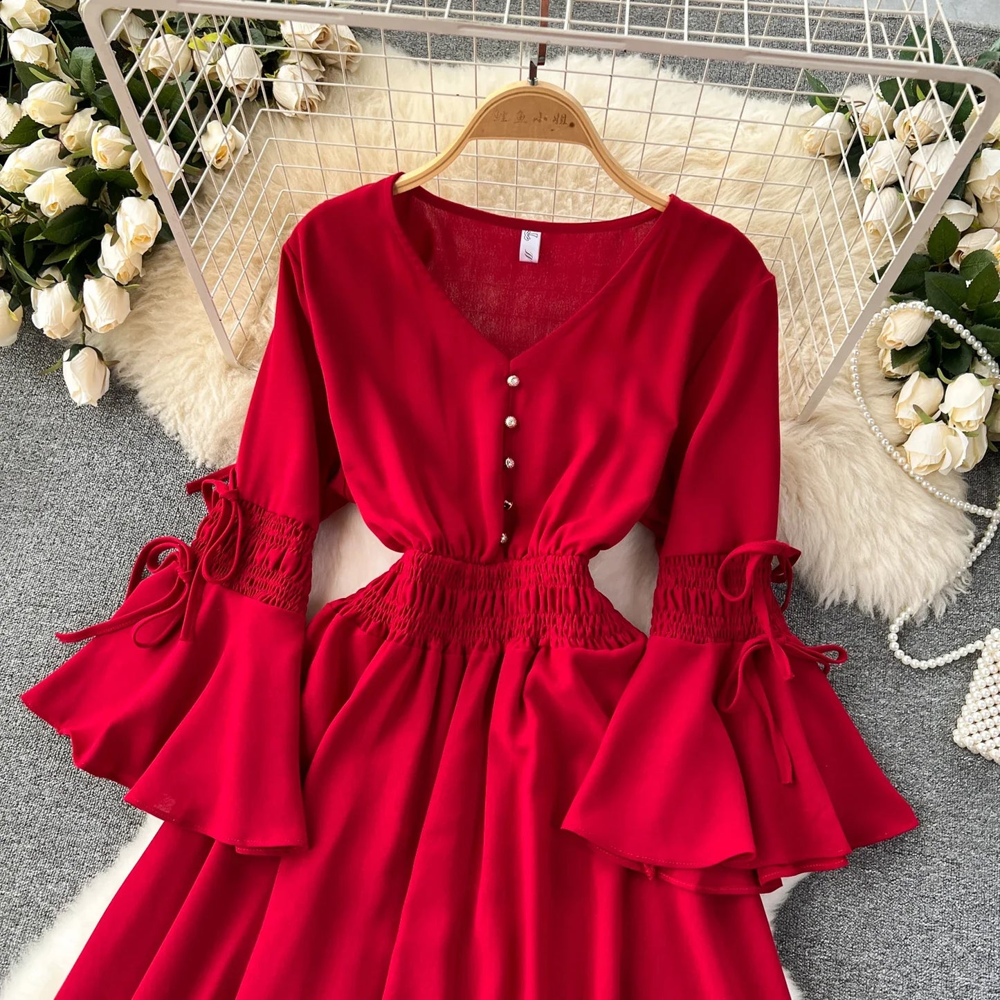 Maxy Purple/Green/Red Pleated Maxy Long Dress Women Vintage V-Neck Flare Sleeve Draped Ruffle Female Maxy Robe Summer