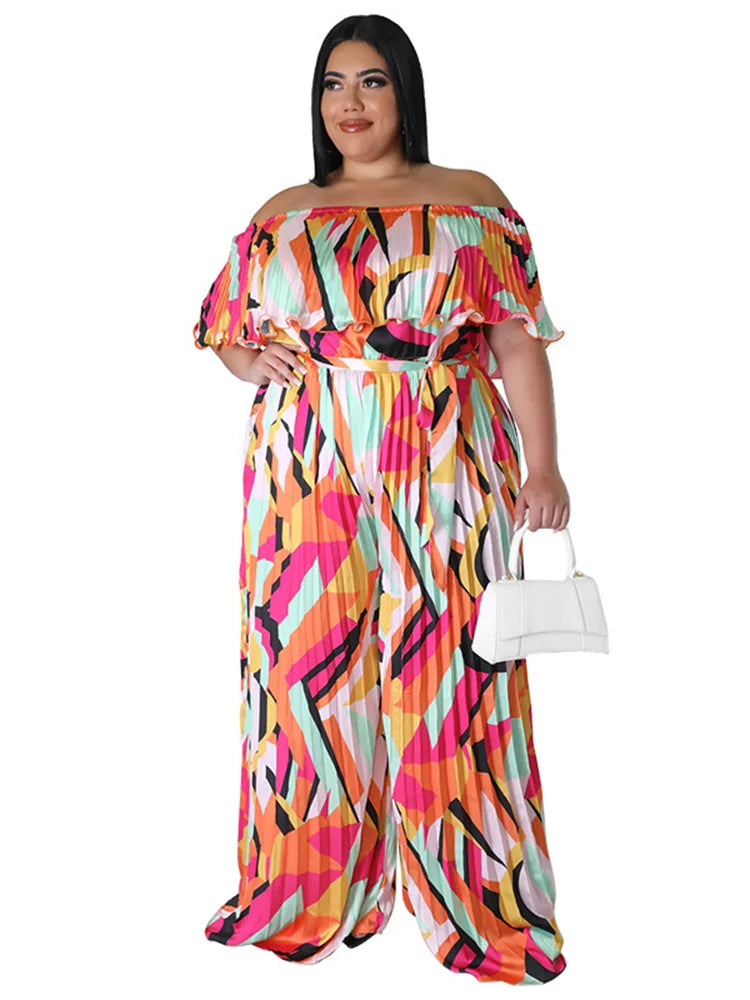 Maxy Plus Size Jumpsuit Women Clothing Pleated Wide Leg Off Shoulder Romper Printed One Piece Outfits