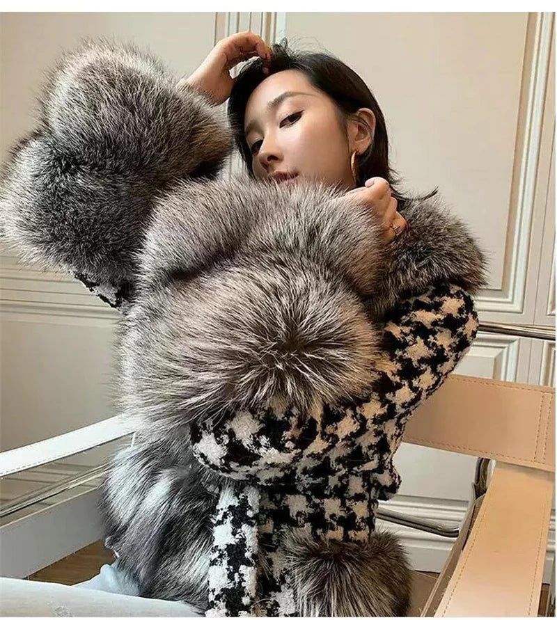 Babs Fox Fur Grass Coat Women Short Thousand Bird Grid Double Faced Fleece Collar 2024 Small Fragrant Style Imitation Fur Coat Female