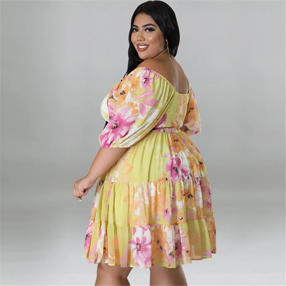 Maxy Plus Size Summer Dresses Women's Clothing Flower Printed One Shoulder Elegant Mini Dress Hot Sale