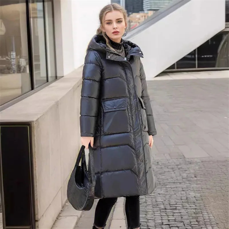 Momsey 2024 New Thicken Snow Parkas Fashion Windproof Glossy Down Cotton Hooded Women Jacket Winter Loose Long Coat Ladies Outwear