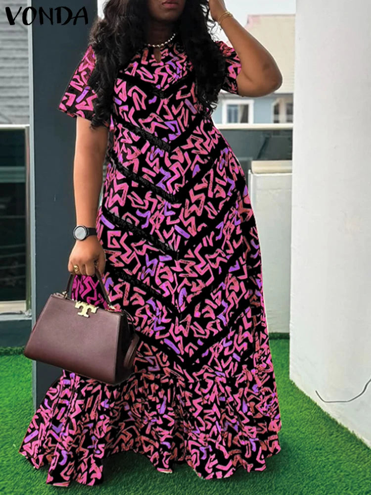 Maxy Summer Vintage Bohemian Dress Women Short Sleeve Printed Party Vestidos Casual Ruffled Long Robe V-Neck Vestidos