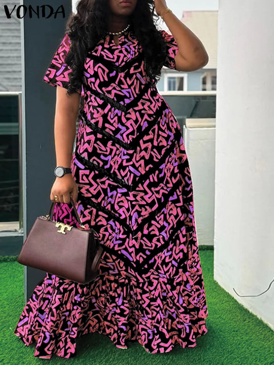 Maxy Summer Vintage Bohemian Dress Women Short Sleeve Printed Party Vestidos Casual Ruffled Long Robe V-Neck Vestidos