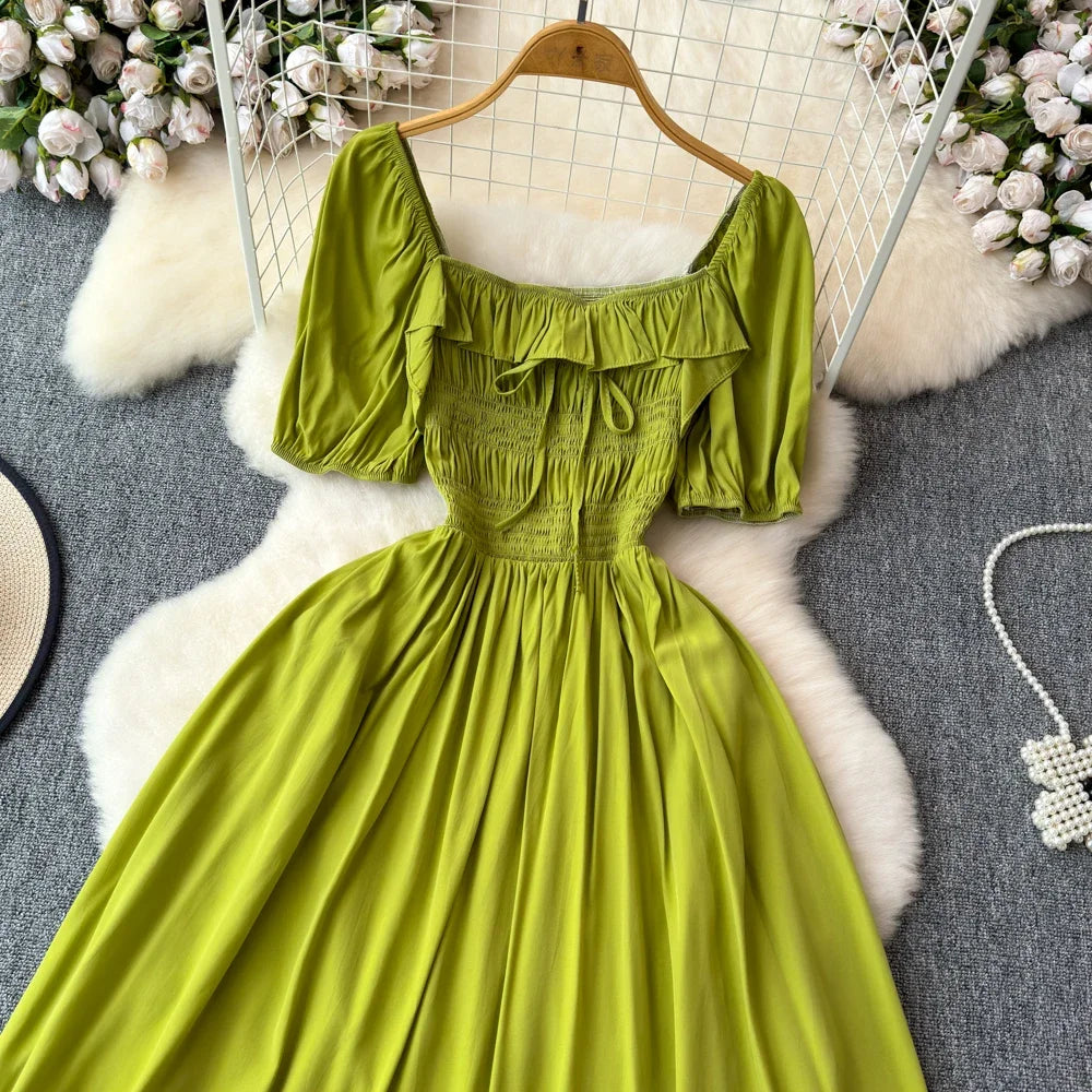 Babs Chic Elegant Square Collar Macy Dress Women Solid Short Puff Sleeve Dresses 2024 Korean Fashion Vintage Ruffle Vestidos