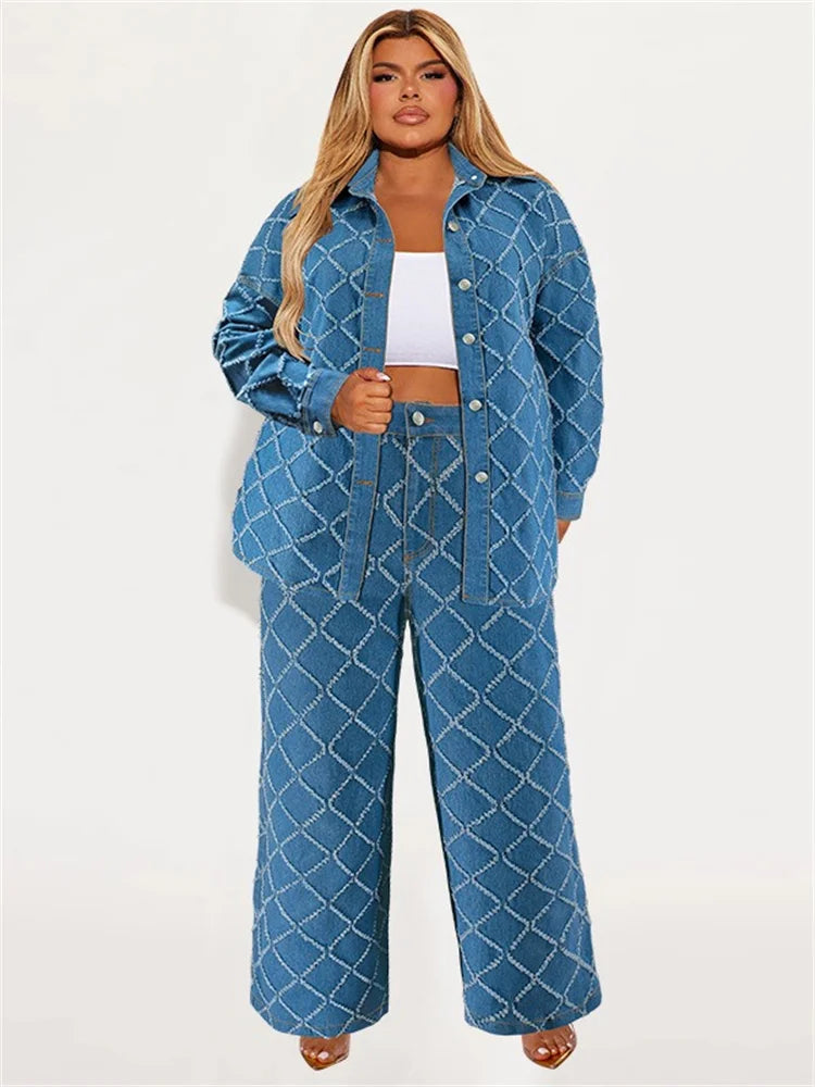 Maxy Plus Size Denim Two Piece Sets Women Fall Clothing Print Long Sleeve Tops Pants New Matching Suits