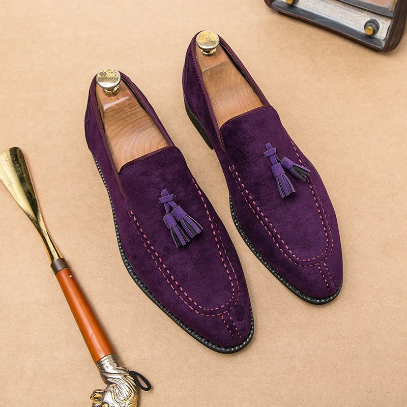 Visco Men's Loafers Brand Suede Leather Shoes Vintage Slip-on Classic Casual Men Driving Shoes Wedding Male Dress Shoes Tassel pointed