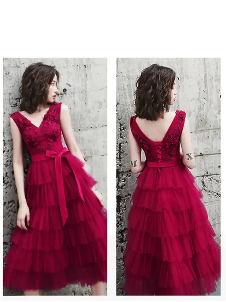 Babs Dresses Burgundy Tulle Beads Floral V-Neck Plus Size A-line Tiered Tea-Length Plus size Woman Party Gowns Robe E832